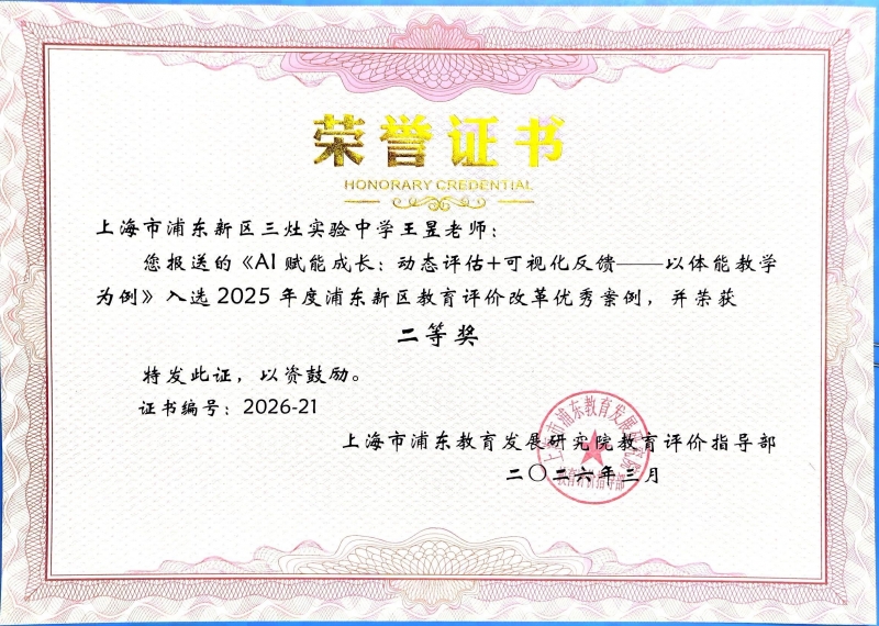 524.王昱老师撰写的《Al赋能成长：动态评估+可视化反馈——以体能教学为例》入选2025年度浦东新区教育评价改革优秀案例，并荣获二等奖.jpg